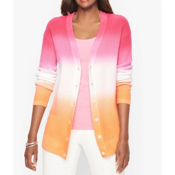 Talbots NWT Orange/Pink Ombre Ribbed button front Cardigan sz M - Picture 1 of 7